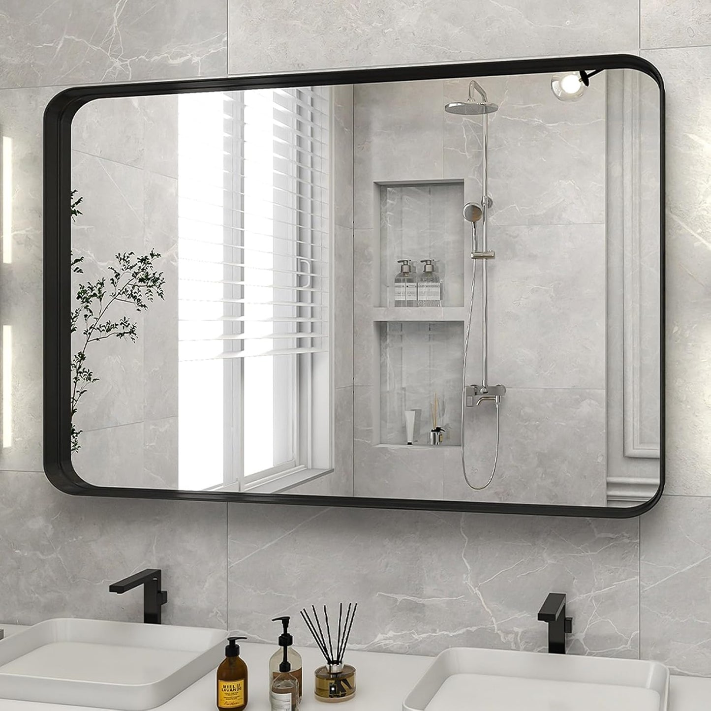 Bathroom Mirror 24x36 inch, Black Gorgeous Deep Frame Wall Mirror, Modern Round Corner Bathroom Vanity Mirror for Bedroom, Living Room, Hanging or Leaning Horizontal or Vertical, Black