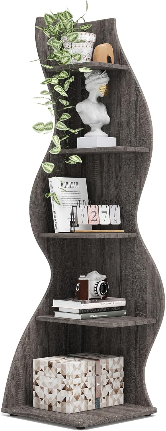 Tribesigns Corner Shelf, Modern 5-Tier Wall Corner Bookshelf, Stylish Corner Small Bookcase Storage Rack Plant Stand with Unique Shape for Living Room, Home Office, (1PC, Gray)