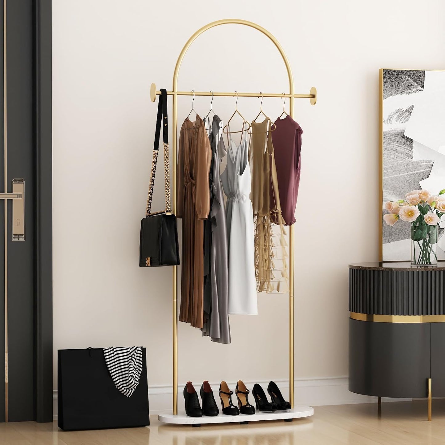 Gold Clothing Rack, Modern Clothes Rack with Shelf, Heavy Duty Freestanding Coat Rack, Metal Coat Hanger Stand with Hooks for Boutique Office