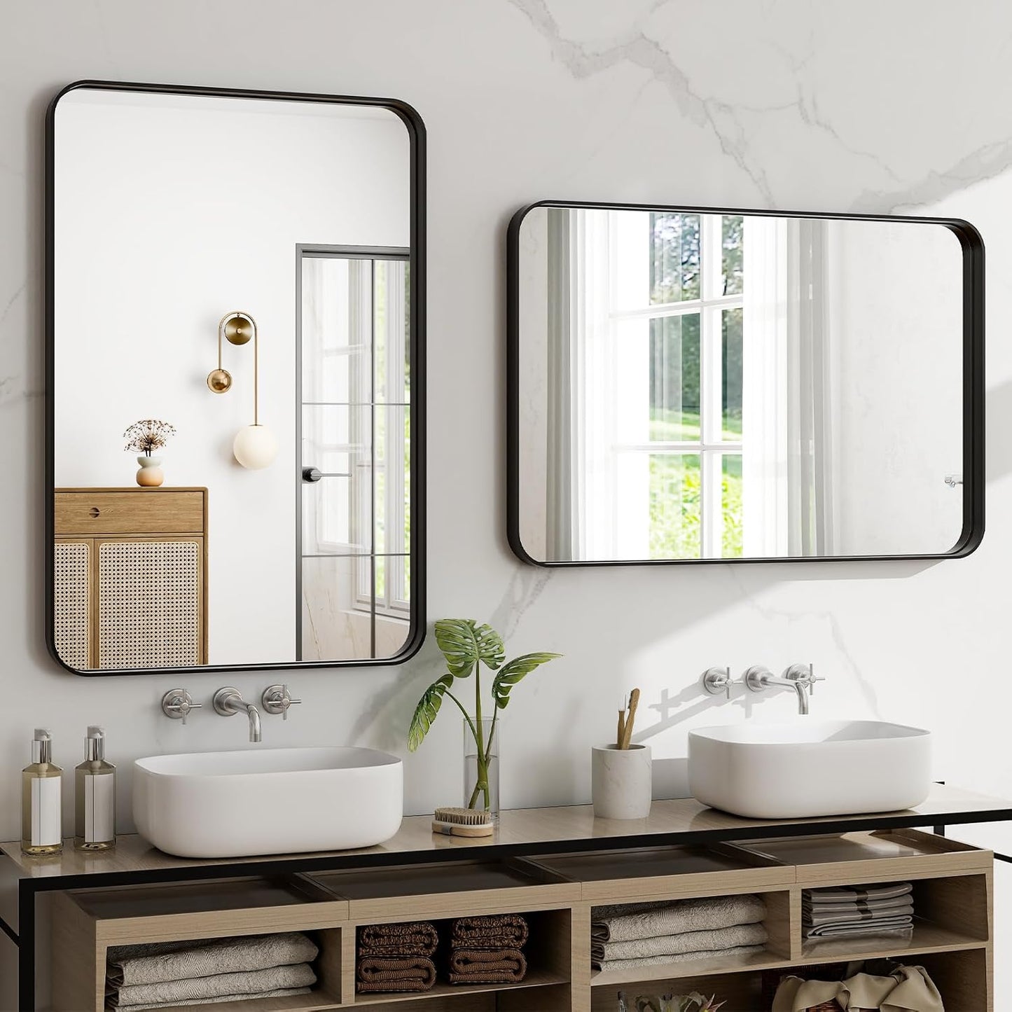30"x22" Black Bathroom Mirror - Modern Mirror for Wall with Rounded Corners，Bathroom Mirrors for Vanity, Aluminum Alloy Framed Mirror Portrait or Landscape Hang, Rectangle Mirrors for Bedroom