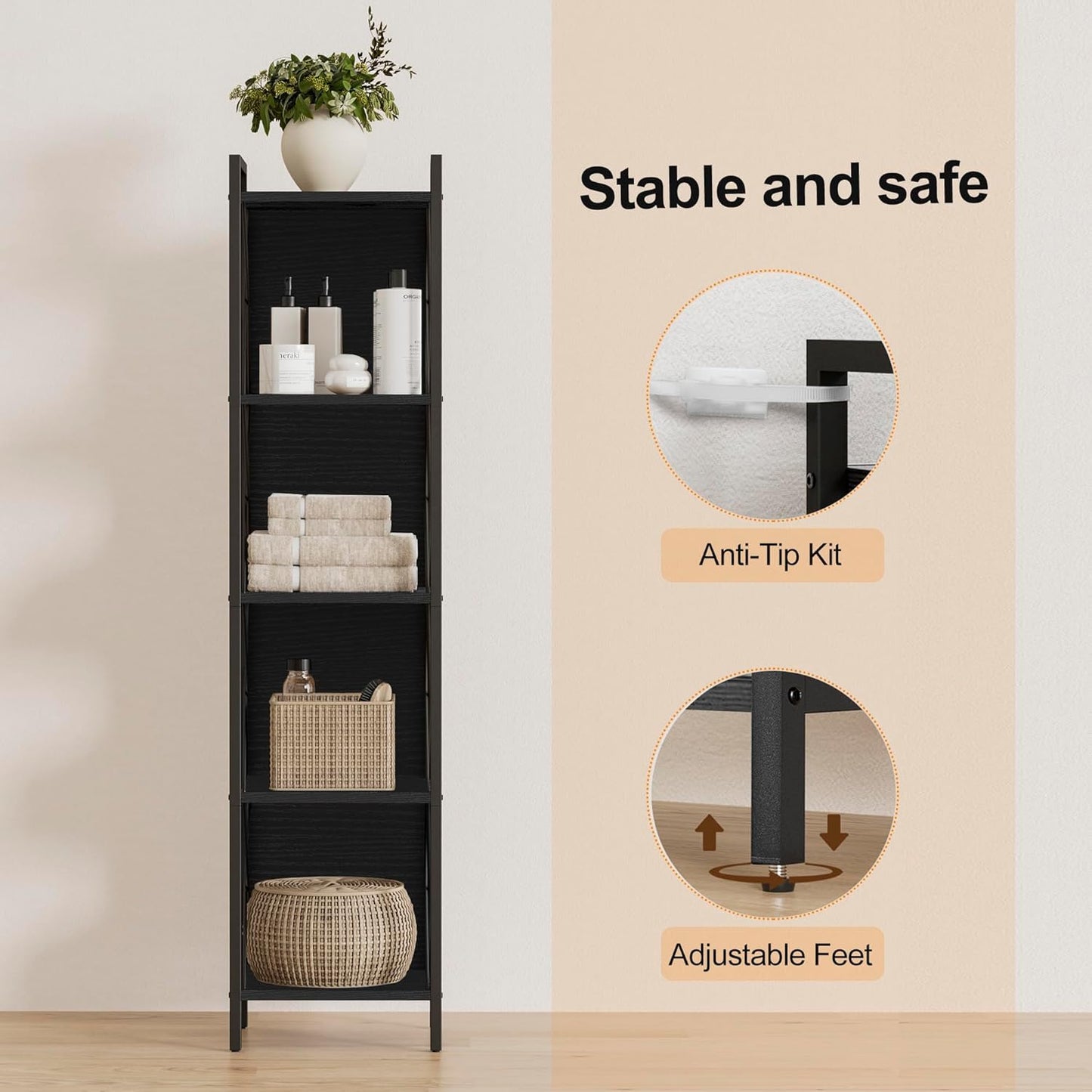 Homhedy 5 Tier Bookshelf Bookcase, Tall Narrow Bookshelf for Small Space, Metal Storage Shelves with Back Panel, for Home Office, Living Room, Kitchen, Bedroom, Industrial Style, Black