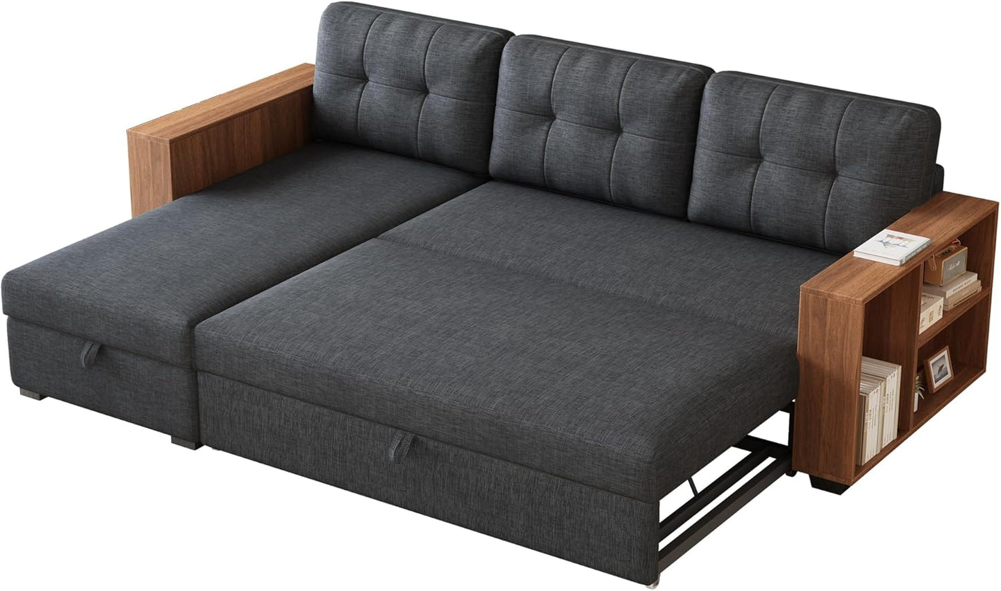 Ball & Cast 84" Sectional Sleeper Sofa with Storage Chaise,L Shaped Pull Out Couch Bed with Wooden Armrests and 3 Removable Back Cushion for Living Room,Apartment,Office,Dark Grey
