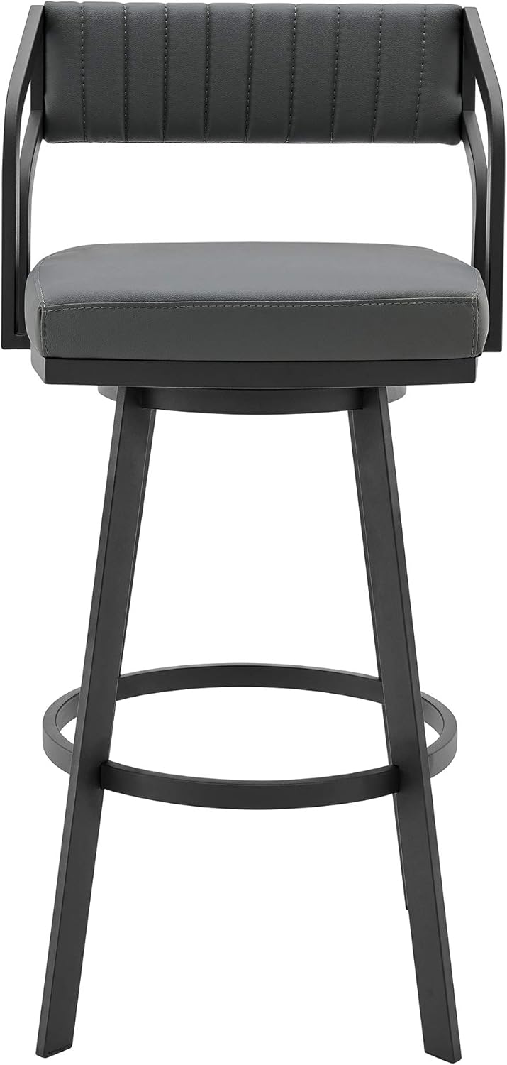 Armen Living Scranton Modern 26" Seat Height Gray Faux Leather and Black Steel Metal Swivel Bar Stool for Kitchen Island Counter