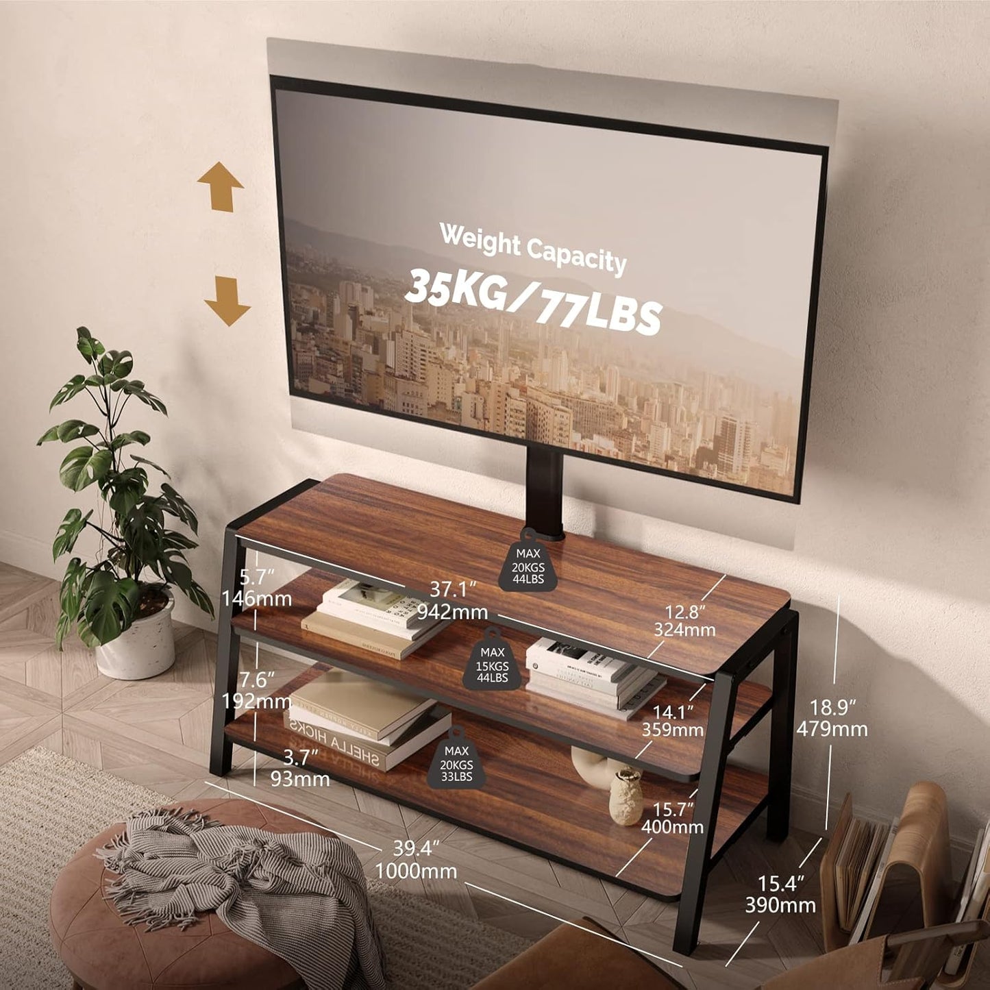 FITUEYES 3-Tier Floor TV Stand for 37-70 Inch TVs Entertainment Center Stand with Storage-Height Adjustable TV Console Stands with Walnut Board & Cable Management, VESA 600x400mm