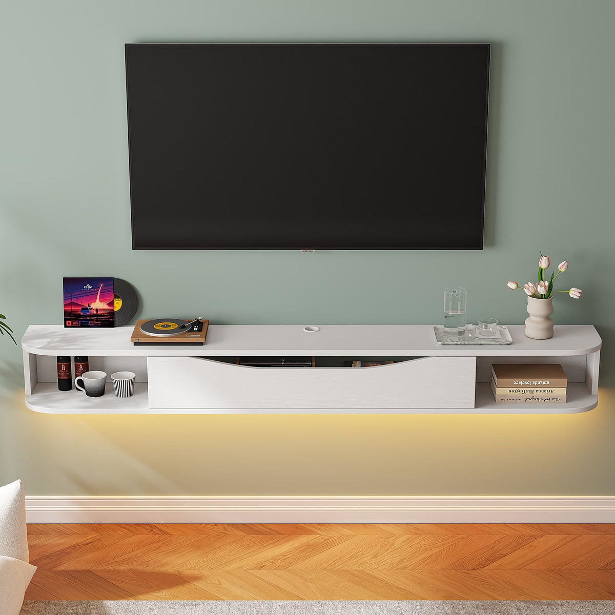 Floating TV Stand,70'' Wall Mounted TV Cabinet,Floating TV Console,Under TV Shelf with 1 Door and 2 Cabinets for TVs up to 75''(White)
