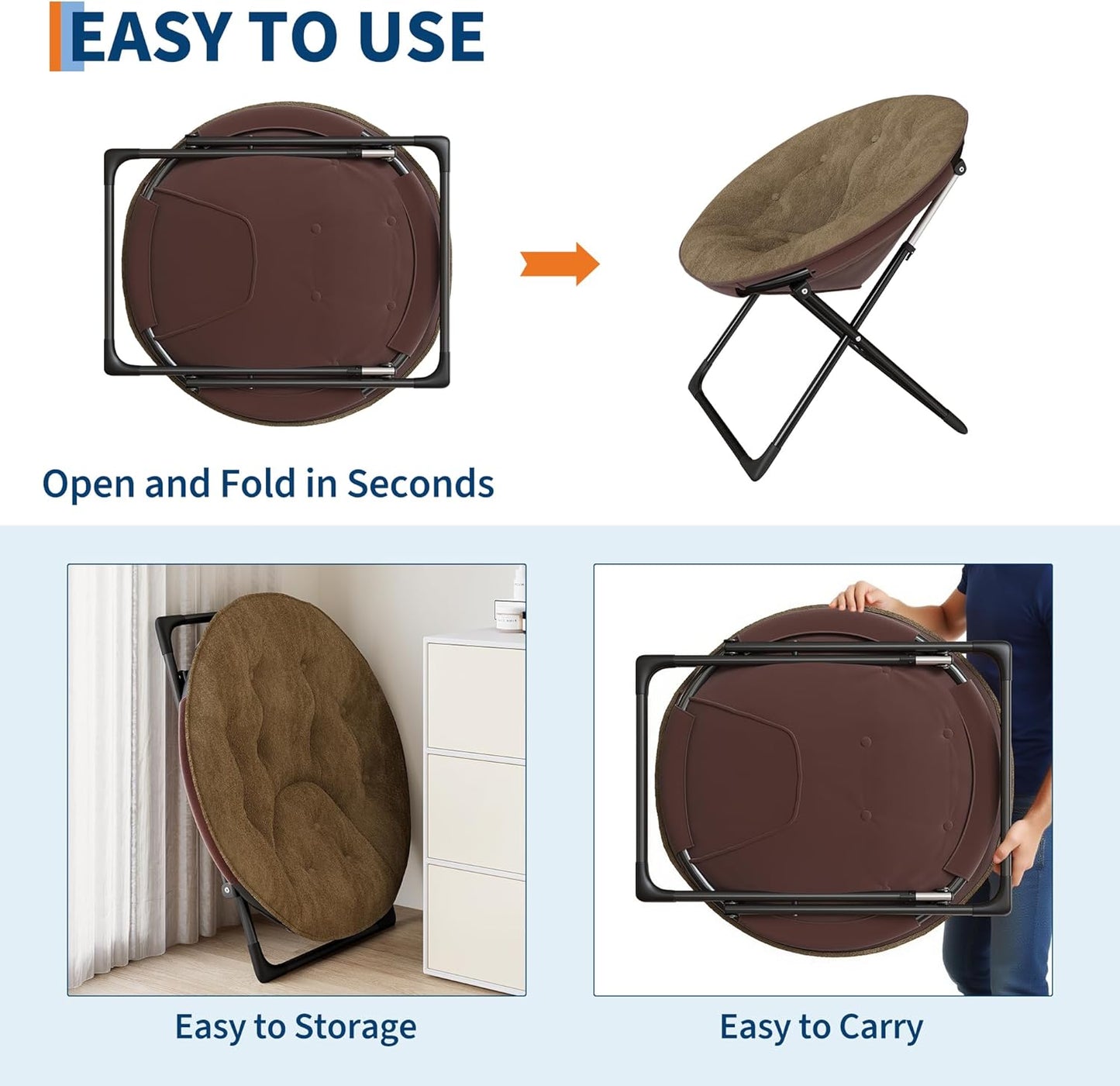 Saucer Chair, XL Foldable Lounge Chair for Bedroom/Dorm, Plush Comfy Seat with Non-Slip Base for Teens & Adults, Faux Fur Accent Chair, Brown