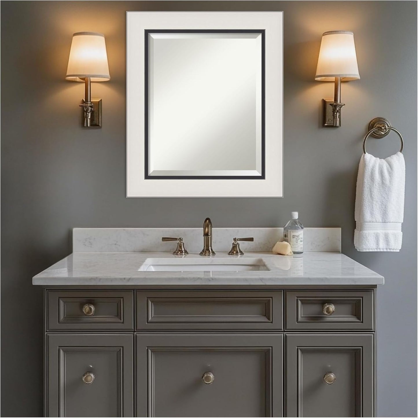 Amanti Art Silver Bathroom Mirror for Over Sink, 26x22 Ellie Silver Black Rectangle Vanity Mirror, Small Modern Contemporary Frame, Hangs Horizonally and Vertically, Bathroom Wall Decor, Beveled Edge