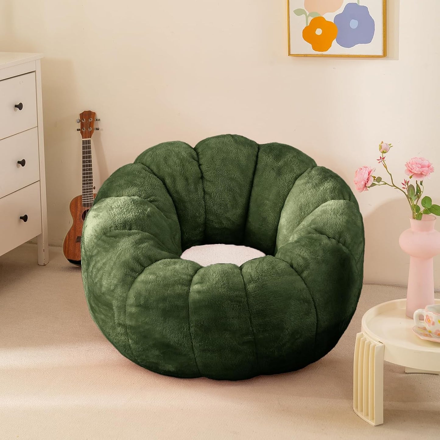 Pumpkin Bean Bag Sofa Chair, Bean Bag Chair with Filler for Teens, Kids, Toddler, Comfy and Lazy Sofa for Dorm, Apartment, Living Room and Bedroom, Dark Green