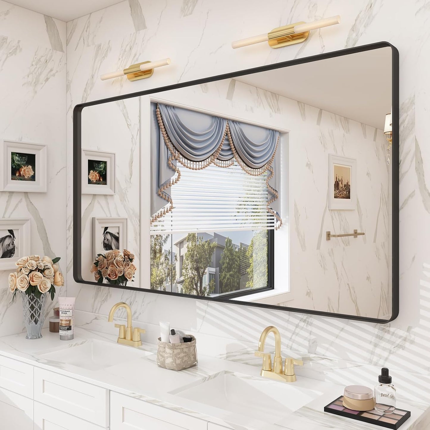 Black Bathroom Mirror for Wall, 55x30 Large Matte Black Vanity Mirror for Bathroom, Rounded Rectangle Mirror, Anti-Rust, Shatterproof (Horizontal/Vertical)