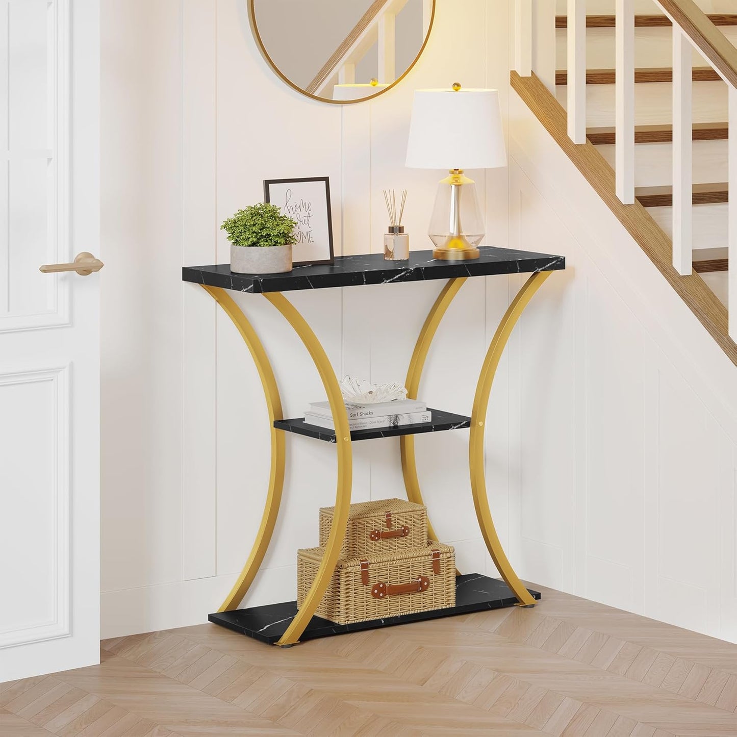 Hoctieon 3 Tier Console Table with Open Wood Shelves, Decorative Entryway Table with Curved Metal Frames, Narrow Sofa Table for Entrance, Living Room, Hallway, Gold and Black Marbled