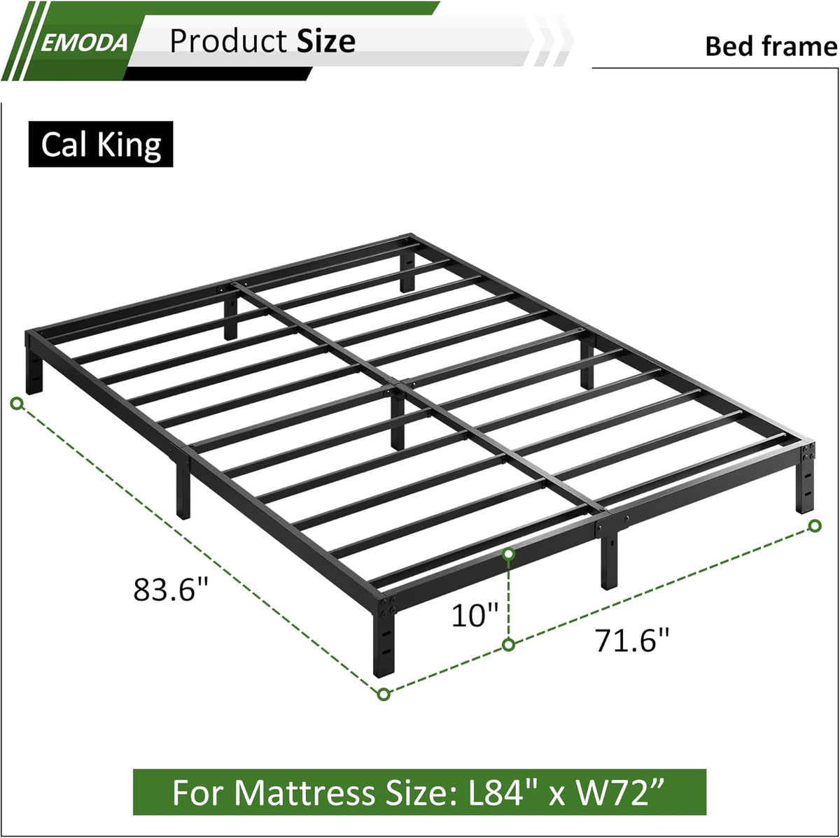 EMODA 10 Inch California King Bed Frames Heavy Duty Metal Cal King Platform with Steel Slats Support, No Box Spring Needed, Noise Free, Black