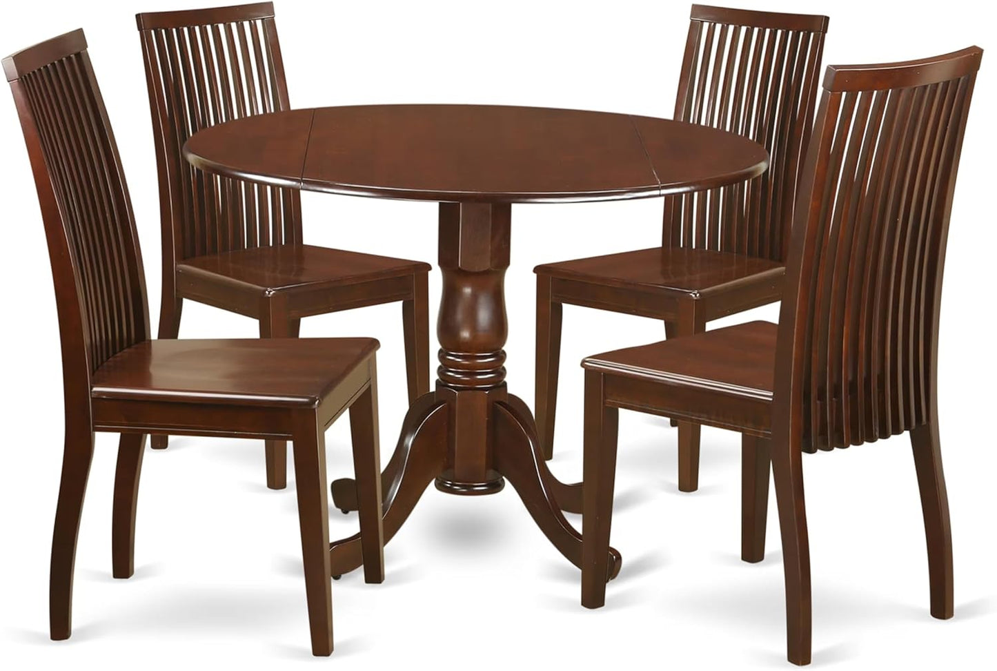 East West Furniture DLIP5-MAH-W 5 Piece Dining Room Furniture Set Includes a Round Kitchen Table with Dropleaf and 4 Dining Chairs, 42x42 Inch, Mahogany