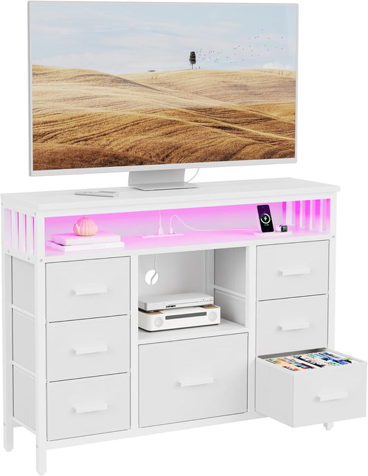 7 Drawer Dresser TV Stand with Power Outlets and LED Lights, Entertainment Center with Open Shelf, Media Console for 50“ TV, Dresser for Bedroom (White)
