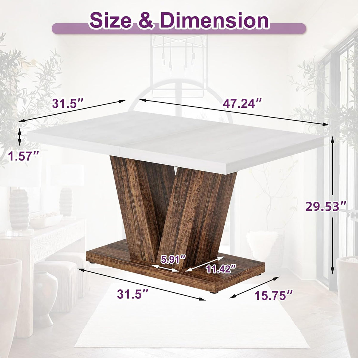 47" Dining Table, Wooden Kitchen Dinner Table Heavy Duty, Farmhouse Table for Dining Room, Living Room Space Saving, White