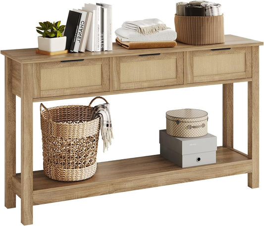 Luoxiao Rattan Console Table Boho Entryway Table with 3 Drawers Storage, Narrow Long Behind Couch Sofa Table for Living Room Side Table Entry Way Table Entrance Hallway Foyer, Natural, 47 Inch