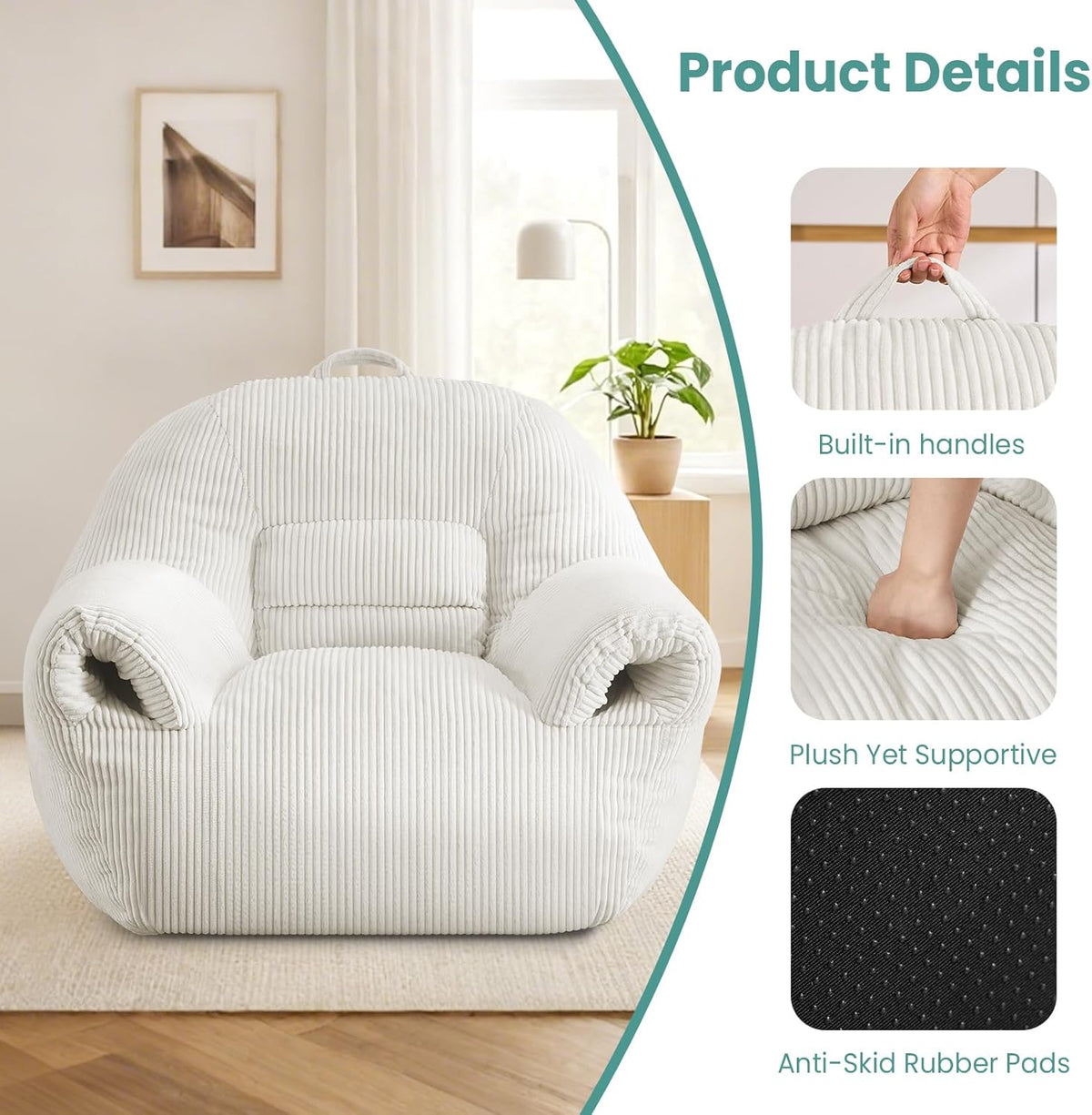 DAICO Bean Bag Chairs for Adults Oversized BeanBag Chair with Armrests Bean Bag Sofa Comfy Accent Chair Corduroy Lazy Floor Single Sofas with Foam for Bedroom Living Room Reading Gaming Beige