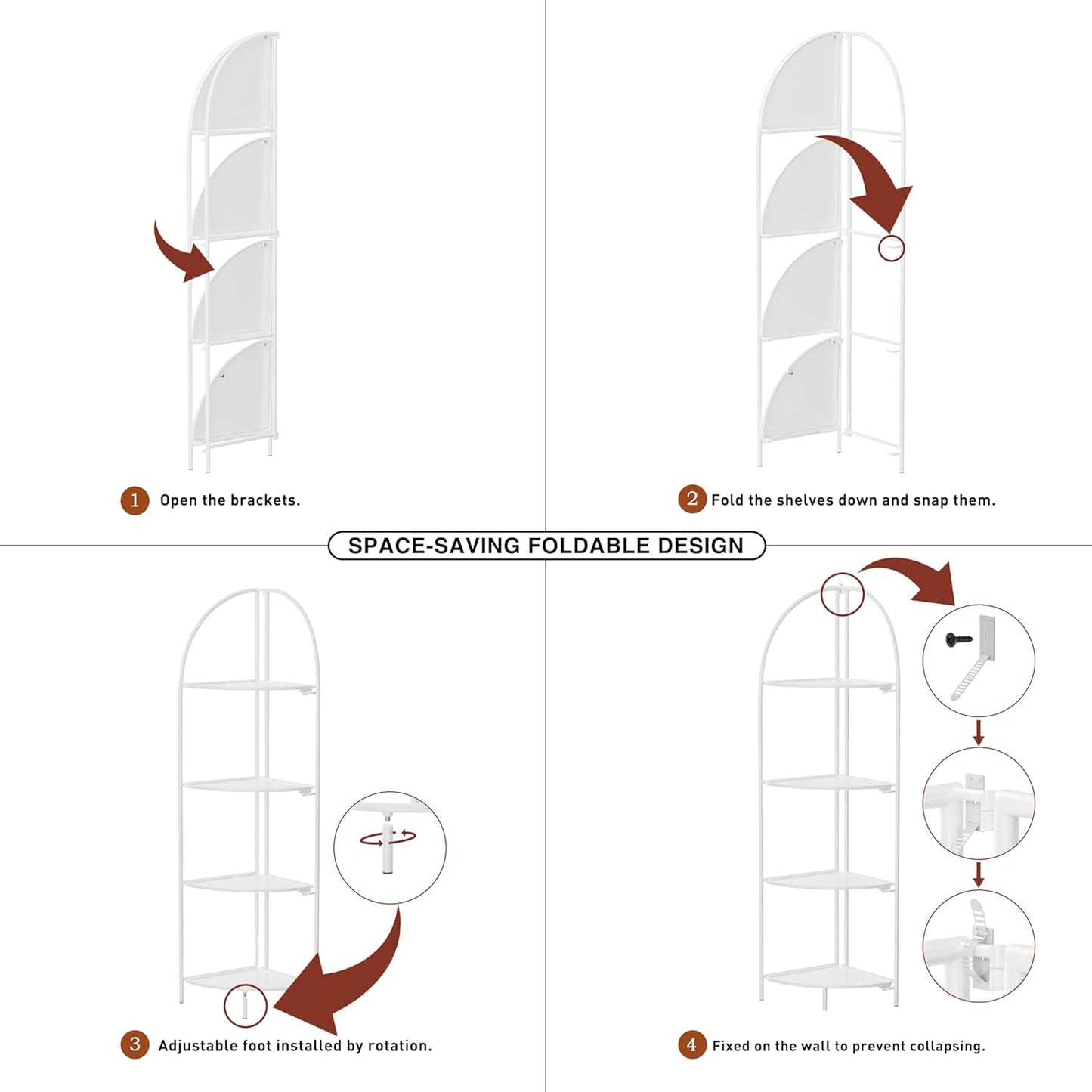 Crofy Foldable 4 Tier Corner Shelf, Metal Corner Plant Stand with White Frame and White Shelves, Corner Display Rack Multipurpose Shelving Unit for Living Room, Bedroom, Bathroom