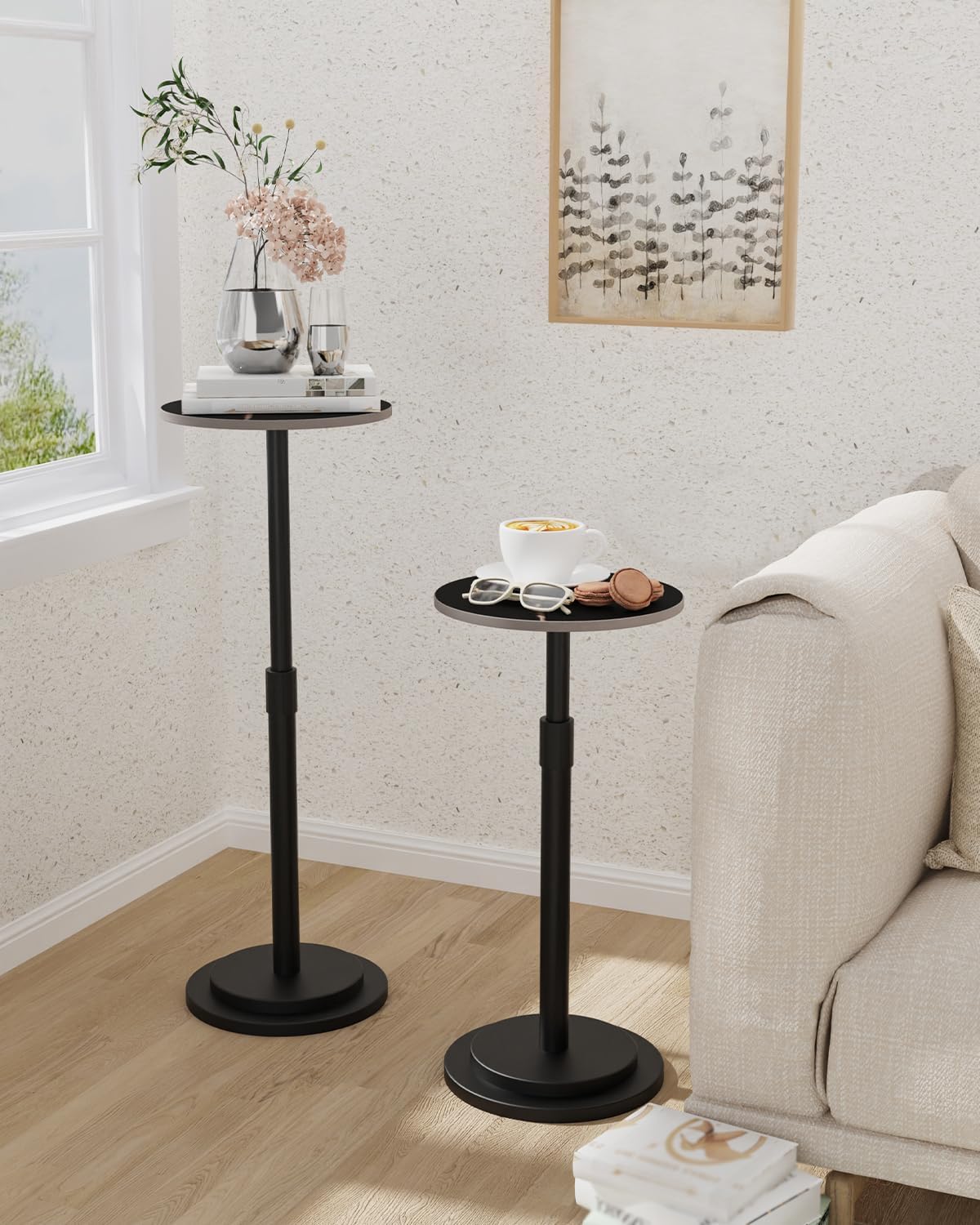 Height Adjustable Drink Table, Vintage Round Indoor Metal Plant Stand, for Small Spaces, Living Room, Bedroom, Cocktail, 1 Pack, Black, GBZ001CB-1