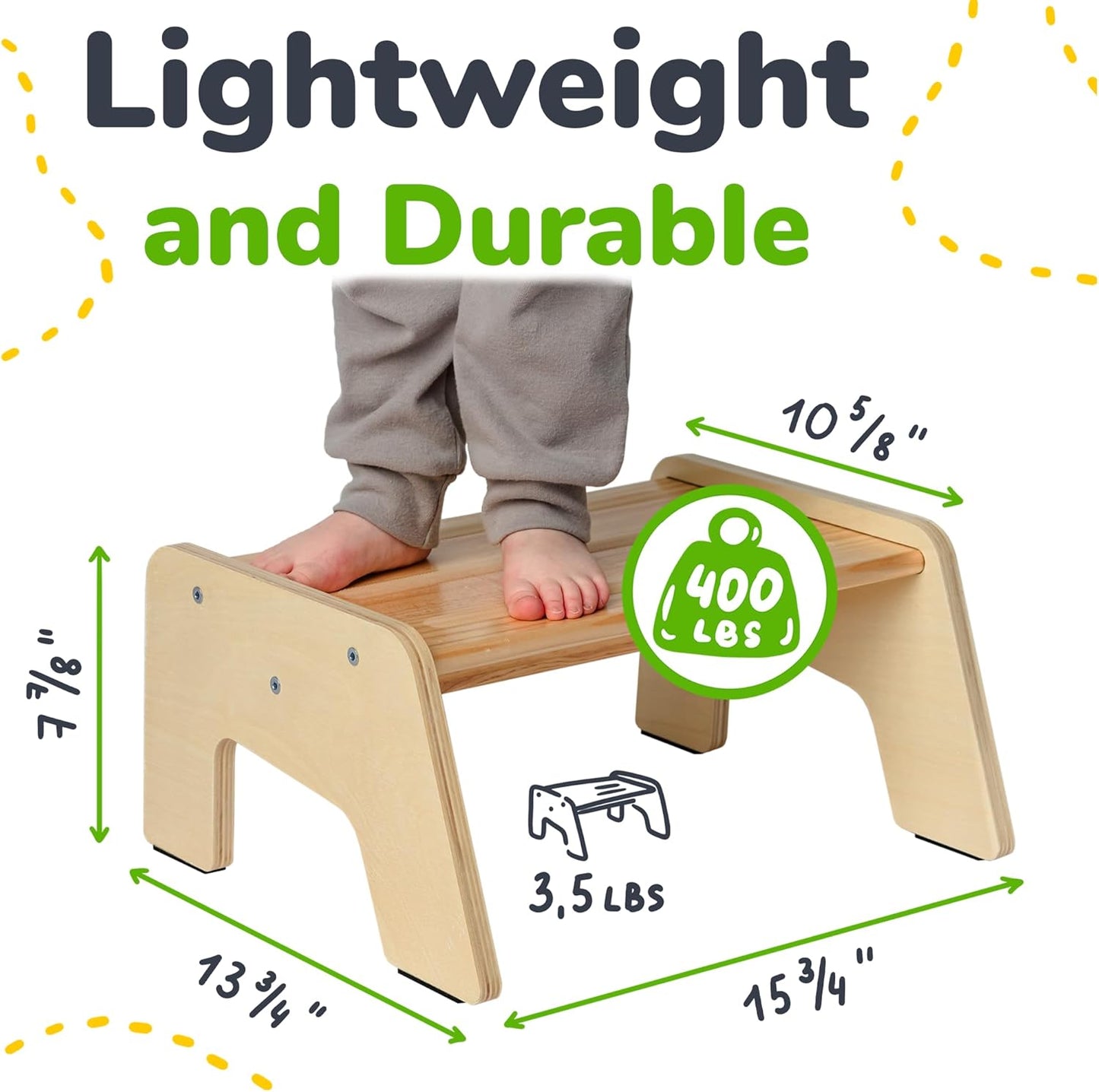 1-Step Wooden Step Stool for Toddlers | Kids Step Stool for Bathroom Sink, Kitchen, and Potty Training | Non-Slip Stool for Toilet Independence | Wooden Step for Children Ages 2+ Varnished