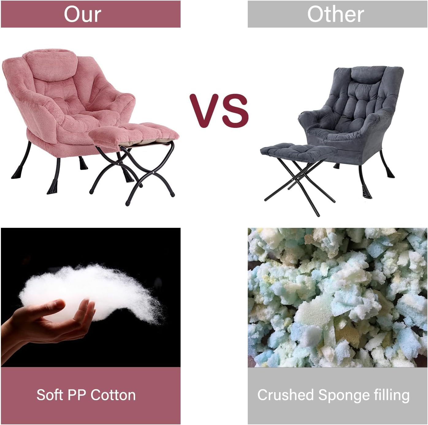 LITA Lazy Chair with Ottoman, Modern Accent Leisure Upholstered Sofa Chair, Lounge Reading Chair with Armrests and a Side Pocket for Living Room, Bedroom & Small Space, Plush Dark Pink