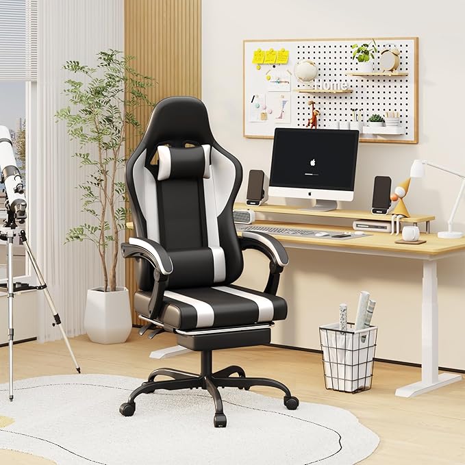 Gaming Chair with Footrest and Massage Lumbar Support, Height Adjustable Game Chair, Video Gaming Chair for Gaming Room, Living Room and Office - Black/White