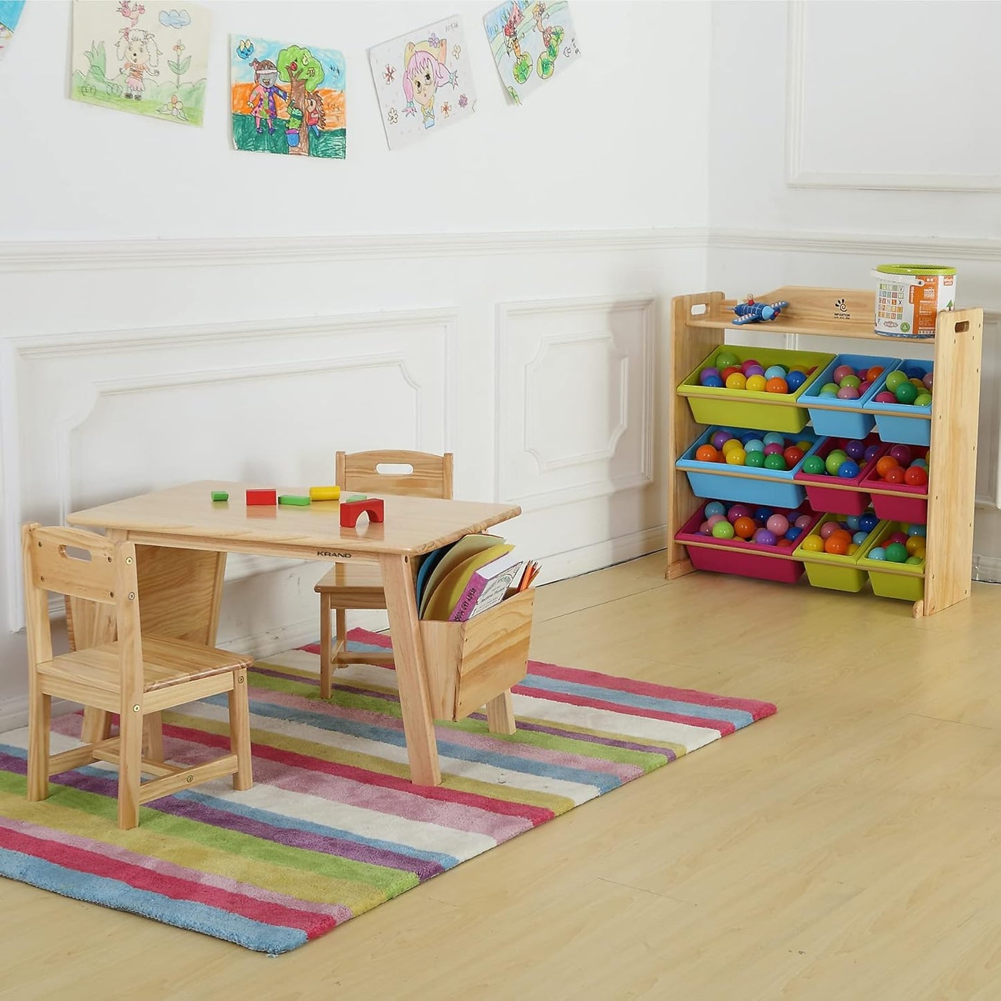 Kids Solid Wood Table and 2 Chair Set with Storage Desk and Chair Set for Children Toddler Activity Table (Solid Wood/Natural)