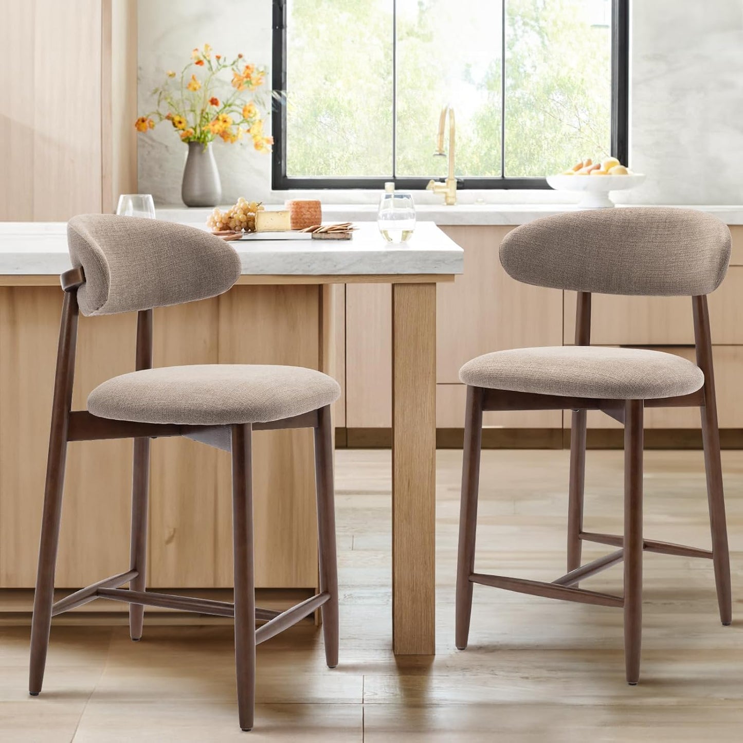 COLAMY Counter Height Bar Stools Set of 2, Kitchen Bar Stools with Back, Mid Century Modern Upholstered, with Wood Legs for Kitchen Island Dining Room, Camel