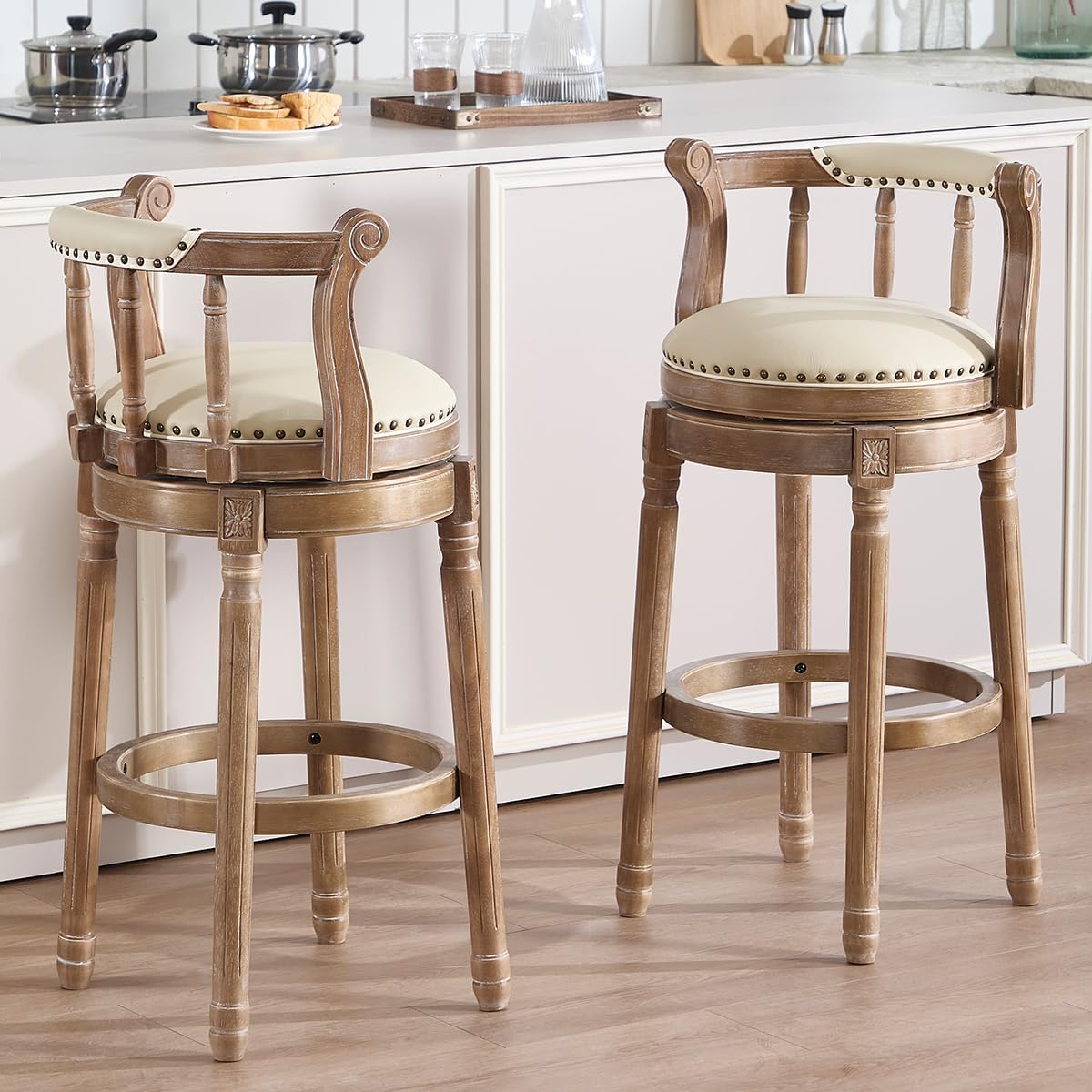 Cow top Leather Wooden Bar Stools, 360 Degree Swivel Bar Height Chair with Backs for Home Kitchen Counter, Morden Chair Barstools (Retro-Beige, Bar Height-Seat Height 29.5”)