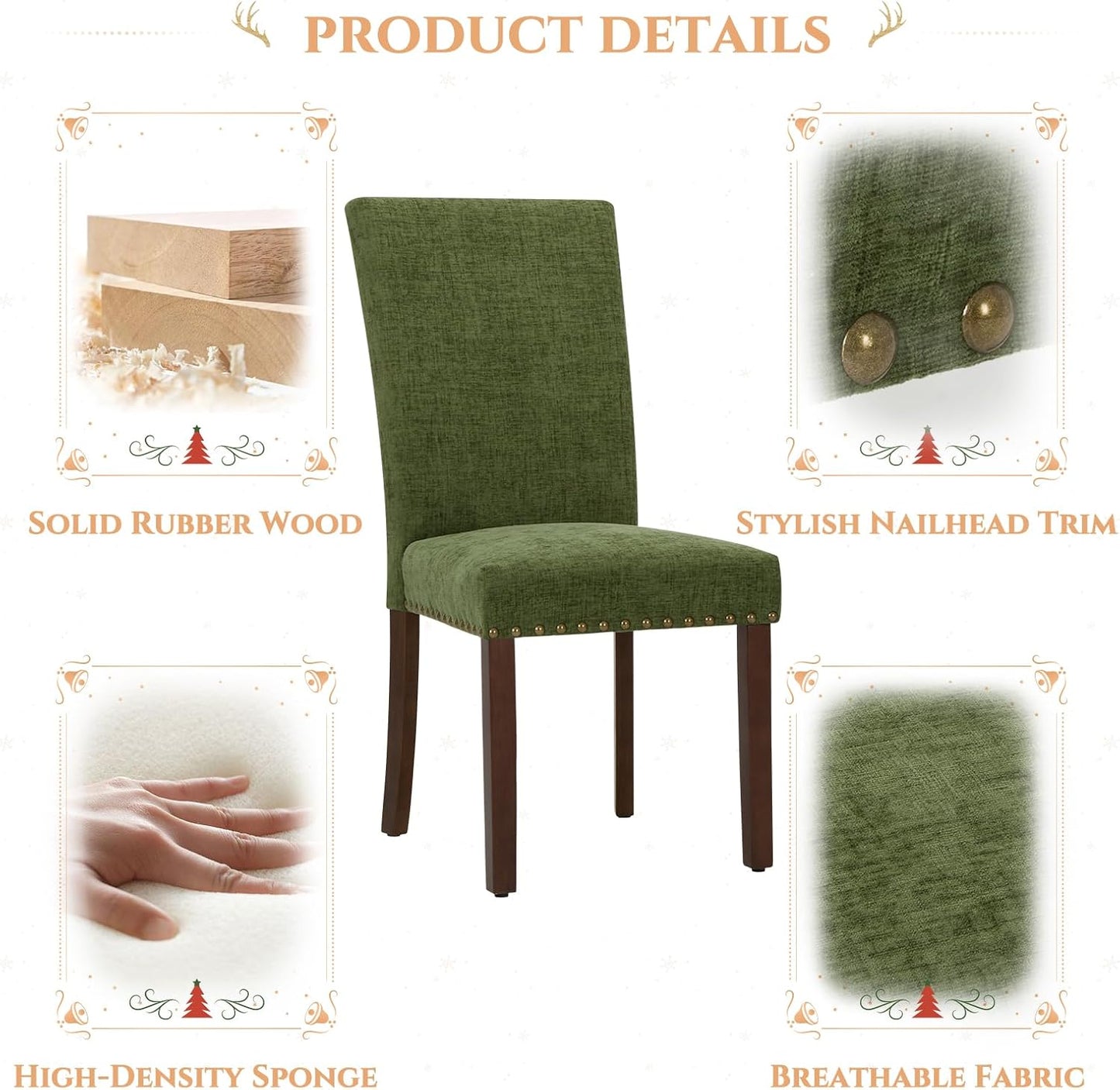 Parsons Dining Chairs Set of 2, Upholstered Nailhead Dining Room Kitchen Side Chair with Thick Cushions and Wood Legs, Green