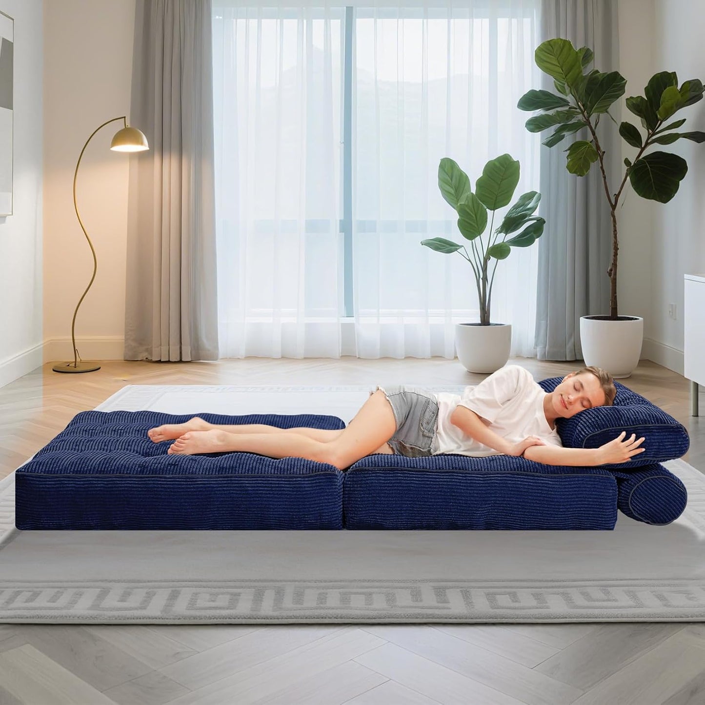 HABUTWAY Folding Sofa Bed, Convertible Sleeper Chair Bed w/Dual-Pillow & Handle, Foldable Floor Sofa Lounge w/Back Support for Living Room, Bedroom, Apartment, Office, Navy Blue