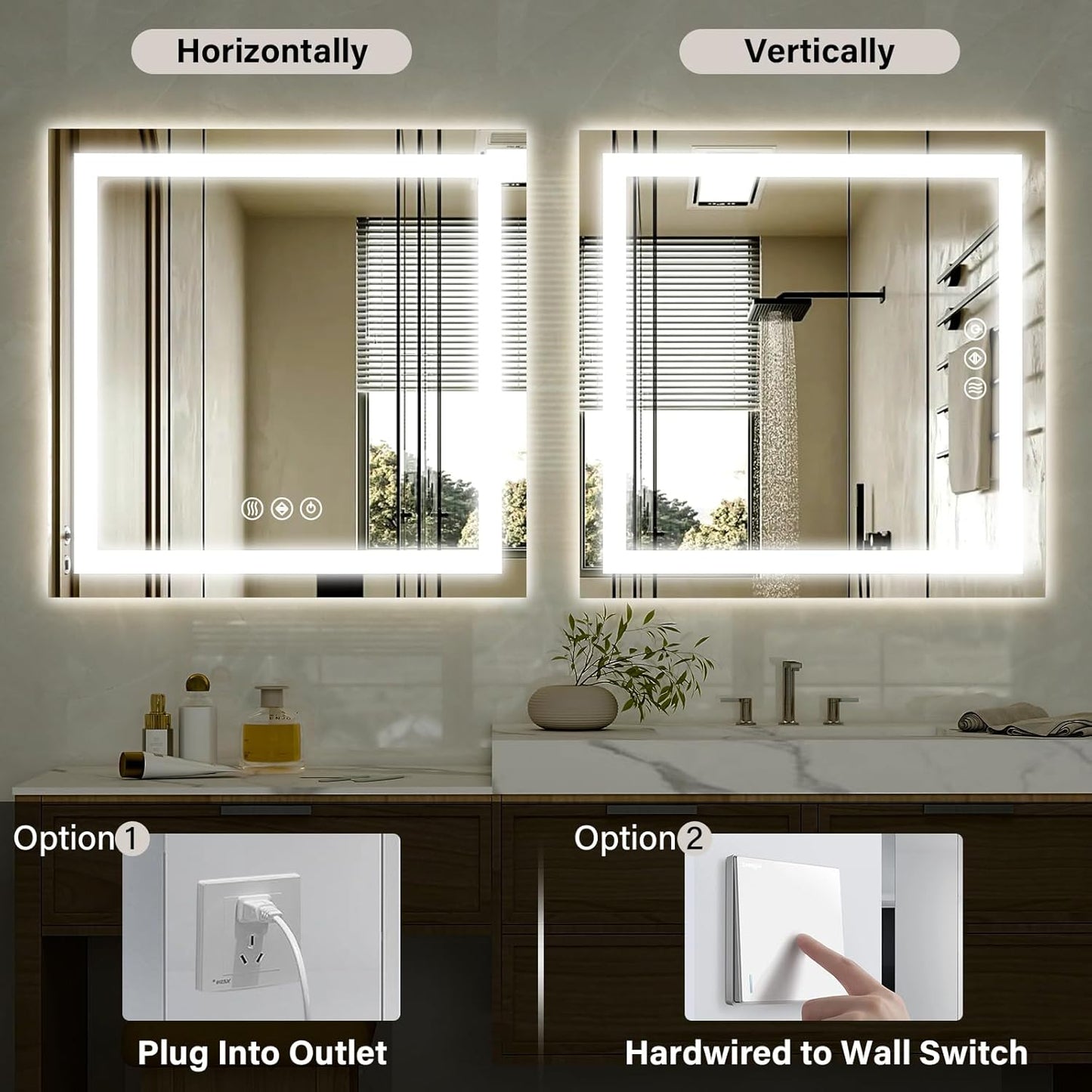 36x36 LED Bathroom Mirror, Backlit + Front Lit, LED Bathroom Mirror with Lights for Wall, 3 Colors, Anti-Fog, Dimmable Brightness, Memory Function, Tempered Glass