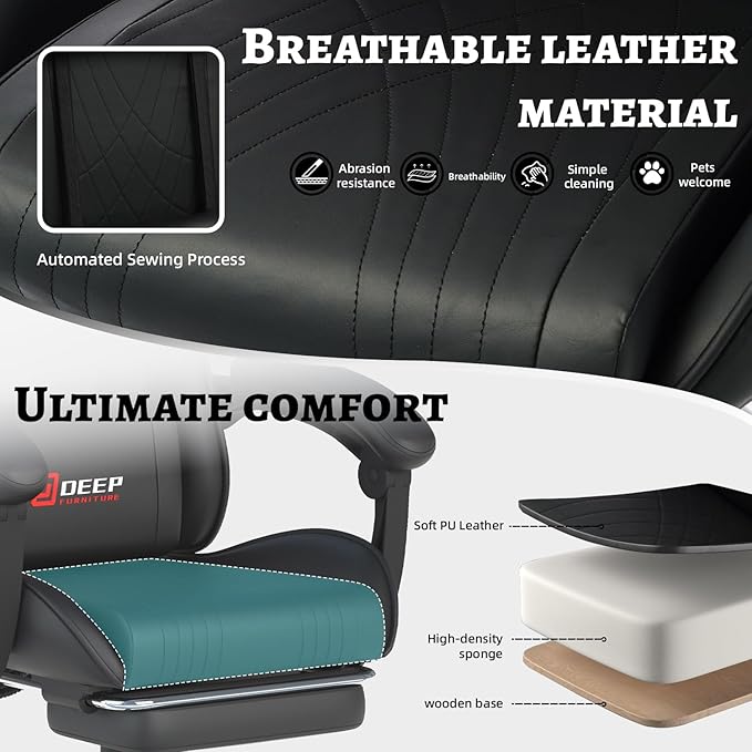 Ergonomic Gaming Chair with Footrest and Lumbar Massage, Racing Office Chair, High Back Computer Desk Chair with Headrest Pillow for Adults, Video Game Chair for PC Gamer (1001-Black)