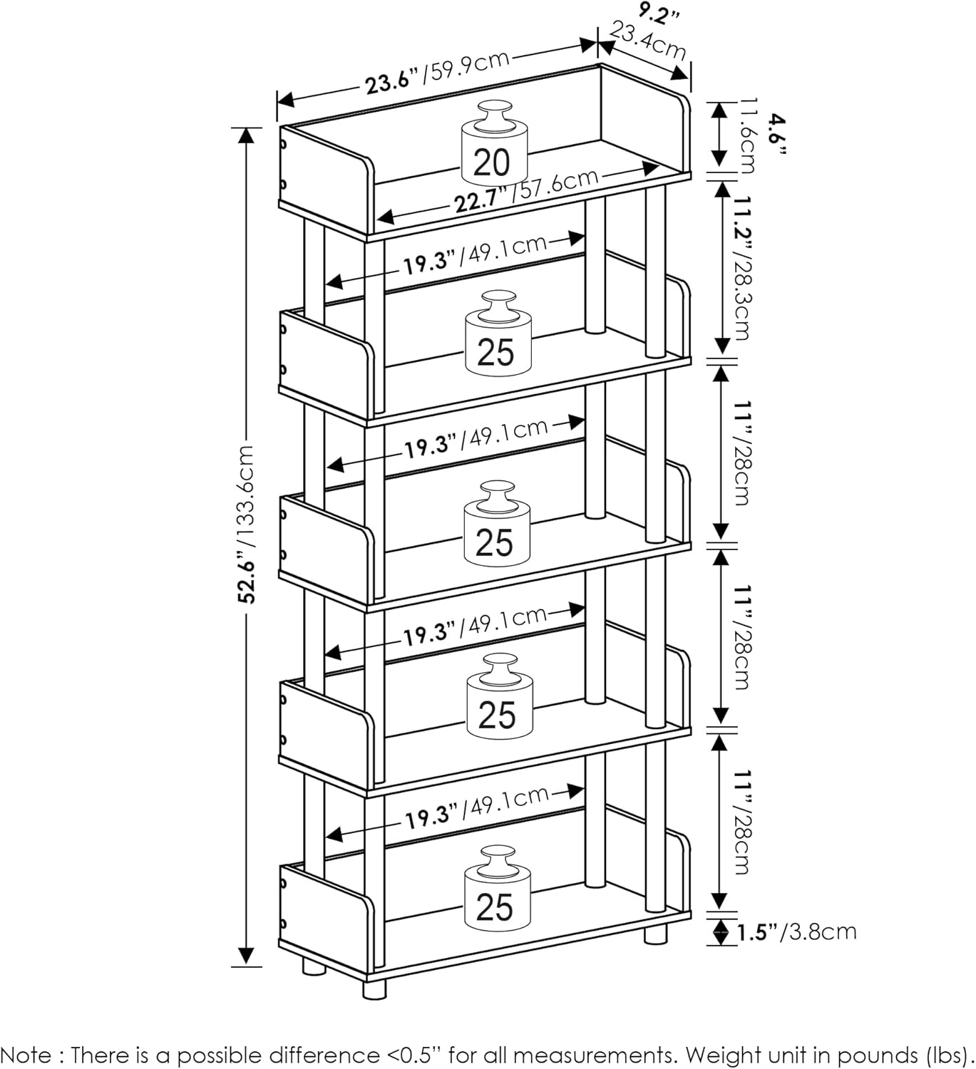 Furinno Turn-N-Tube 4-Tier Multipurposes Display Rack, Open Shelf Rack/Storage with Back & Side Panel, French Oak/Black