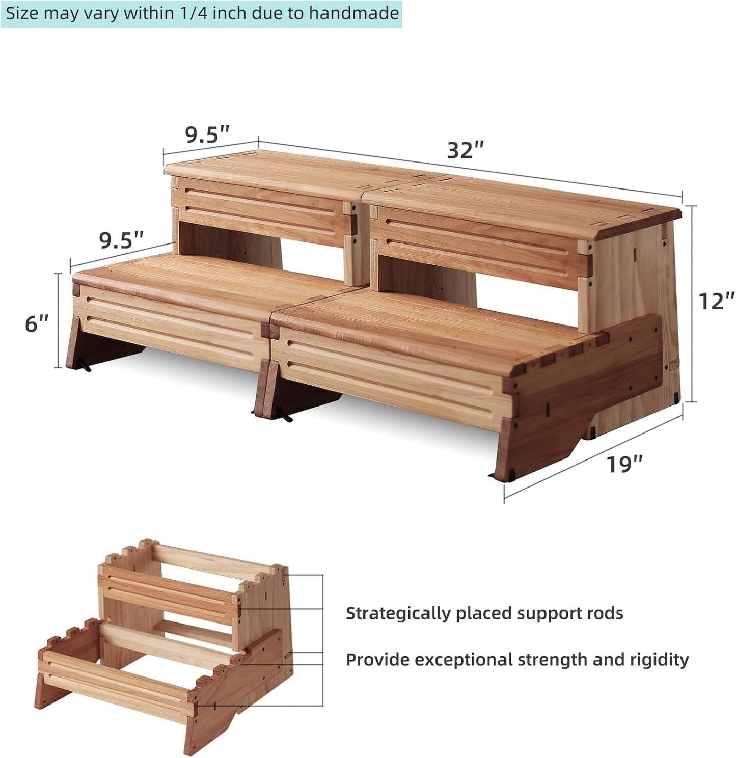 32" Wooden Two Step Stool for Adult & Kid, Wider, Deeper & Safer Bedside Steps, Anti-Slip. Riser 2-Step Spa & Hot Tub Stairs for Pool, Heavy Duty for Kitchen, Bathroom, Closet, High Bed Step