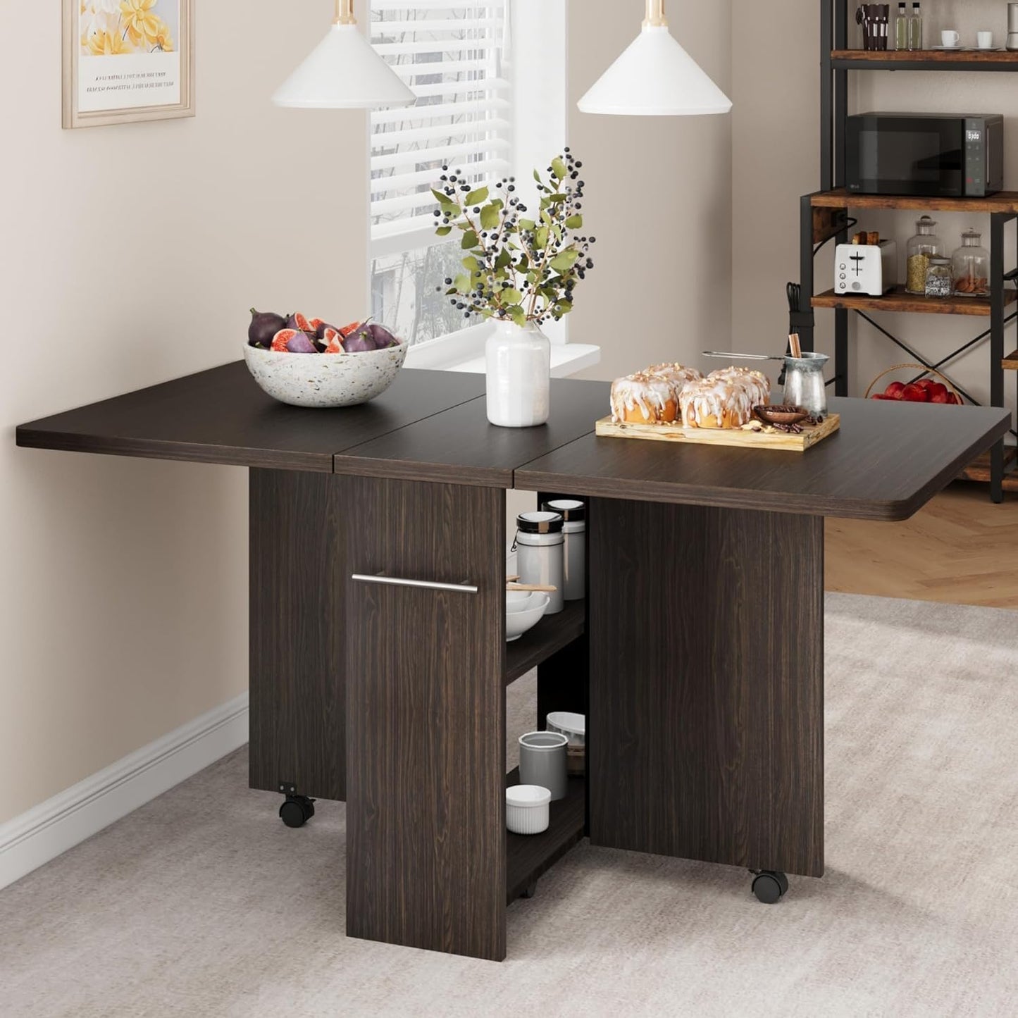 GarveeHome Folding Dining Table, Space Saving Farmhouse Dining Table for 4 Storage Shelf, 6 Wheels Multipose Expandable Kitchen Drop Leaf Table for Small Space (Dark Walnut, 47.2"D x 23.6"W x 29.5"H)