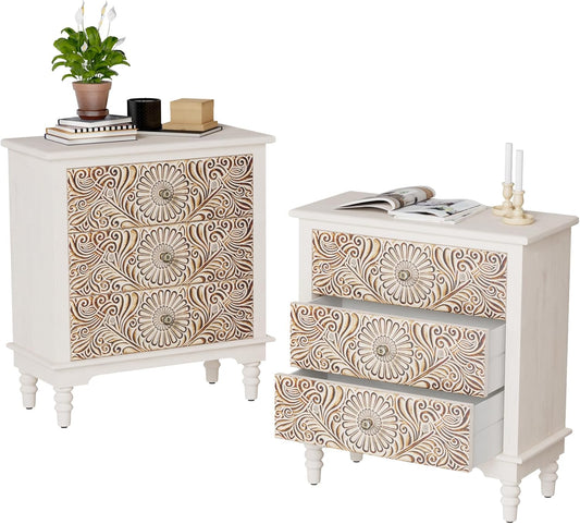 COSIEST Bedside Table Set of 2, Wood Nightstand 3 Drawers, Farmhouse End Table with Storage, Dresser with Drawers for Bedroom, Living Room