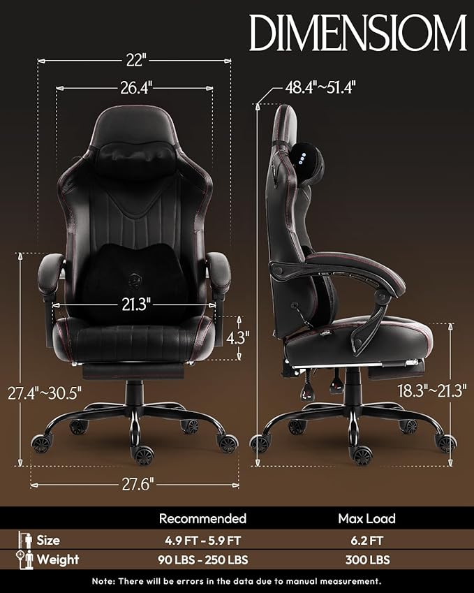 Dowinx Gaming Video Gaming Chair with Shiatsu Neck Massage and Lumbar Support for Home Office High Back Recliner Height Adjustable Ergonomic Comfy Leather Computer Desk Chair (Black)