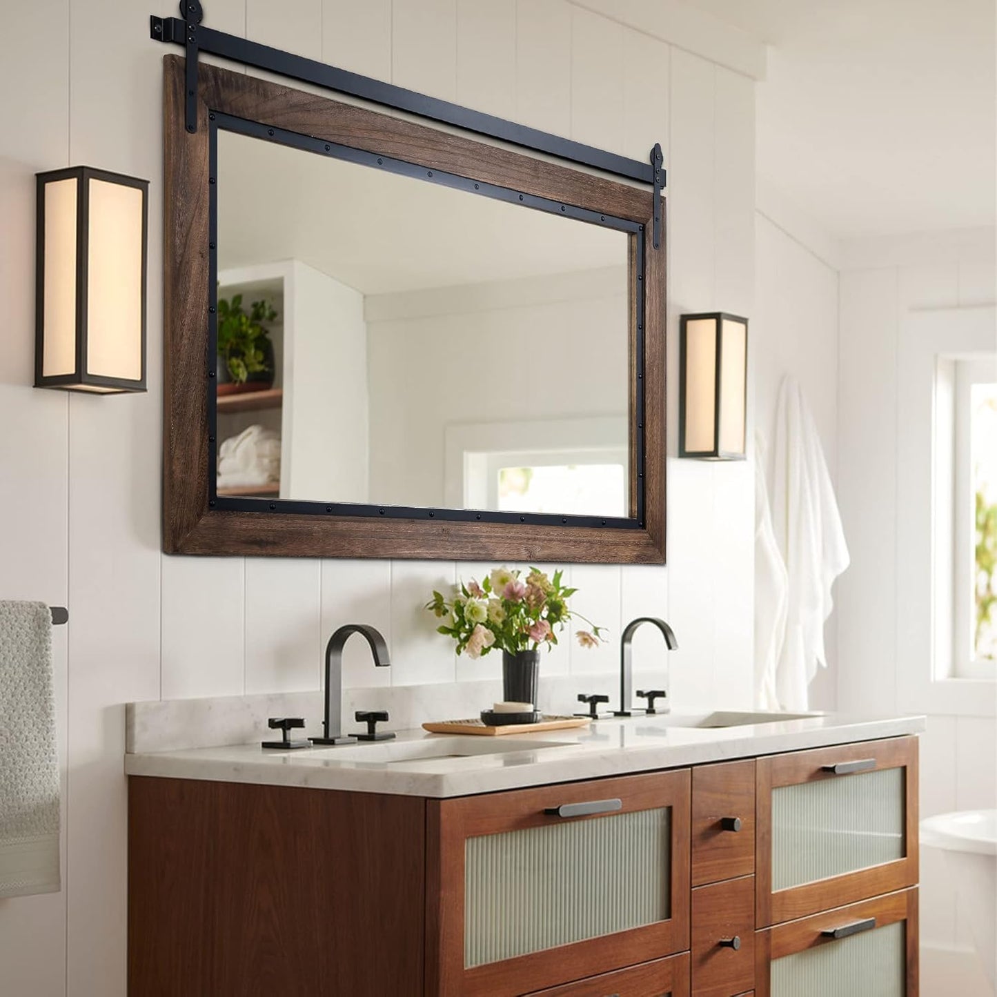 YOSHOOT Farmhouse Barn Door Mirror, 40"x26" Rustic Bathroom Mirror, Wood Frame Wall Mirror, Wooden Mirror for Living Room Bedroom Entryway Wall Décor, Horizontal Hanging ONLY