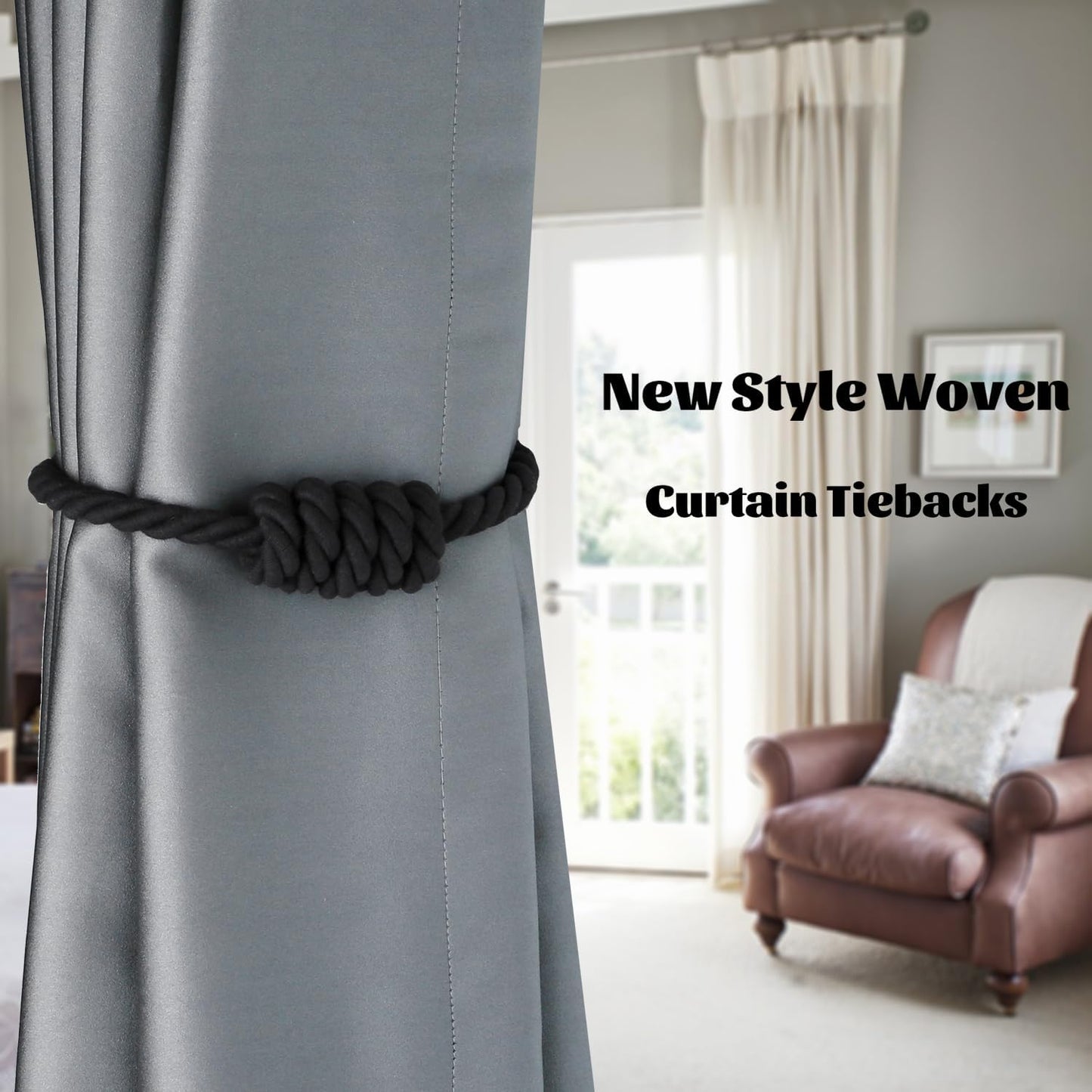 BEL AVENIR Magnetic Cotton Curtain Tiebacks, Decorative Drapery Holdbacks Modern Woven Tie-Backs with Exquisite Knot (Black Cotton, 4 Pack)