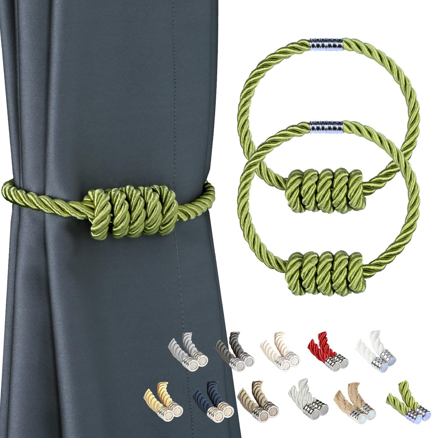 BEL AVENIR Magnetic Curtain Tiebacks, Decorative Drapery Holdbacks Modern Woven Tie-Backs with Exquisite Knot (Green, 2 Pack)