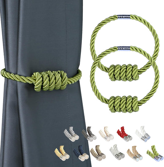 BEL AVENIR Magnetic Curtain Tiebacks, Decorative Drapery Holdbacks Modern Woven Tie-Backs with Exquisite Knot (Green, 2 Pack)