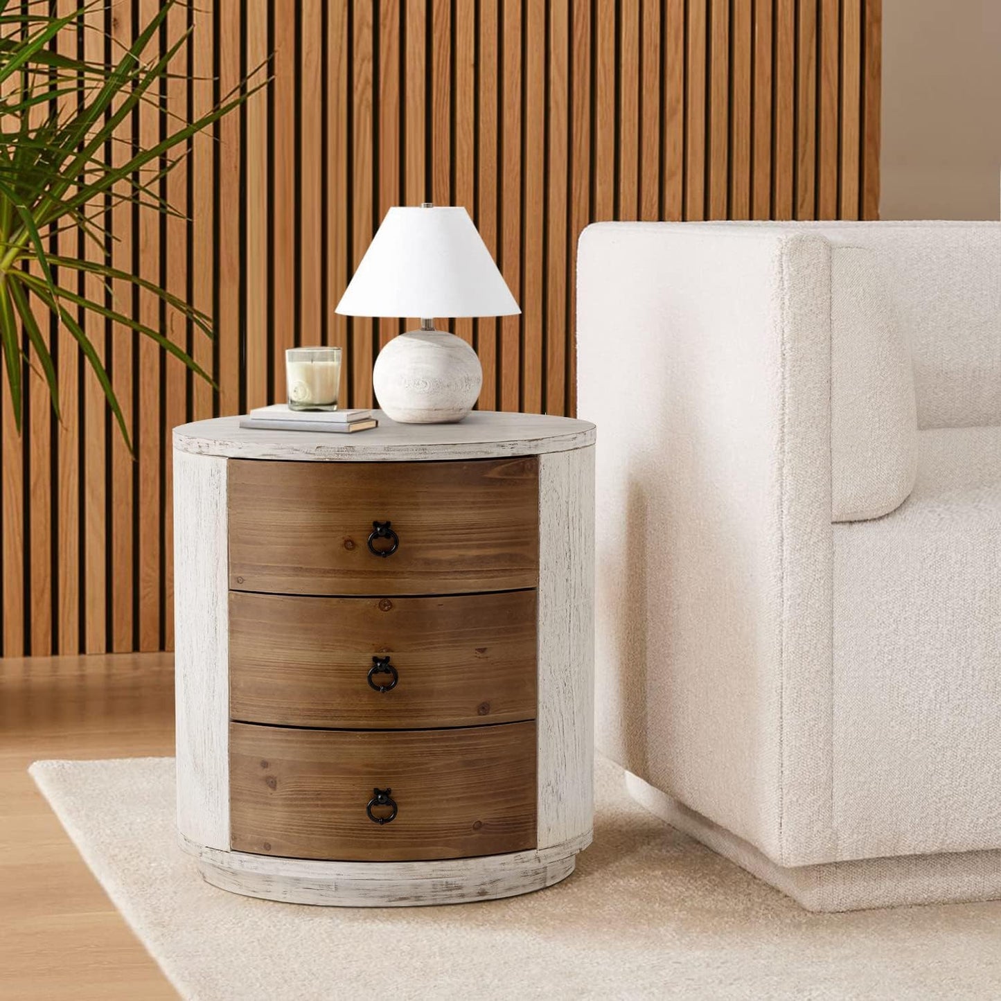 COSIEST 3 Drawer Chest of Drawers, 20 inch MDF Round Storage Cabinet, Retro Whitewash Finish Nightstand, Wood Bedside Table with Drawers for Bedroom Living Room