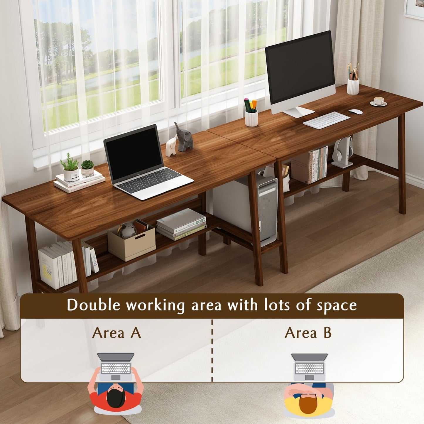 2-Person Writing Desk with Bookshelf - 110" Wooden Extra Long Home Office Work Table, Double Study Computer Workstation with Storage Shelves in White, 110" W x 24" D