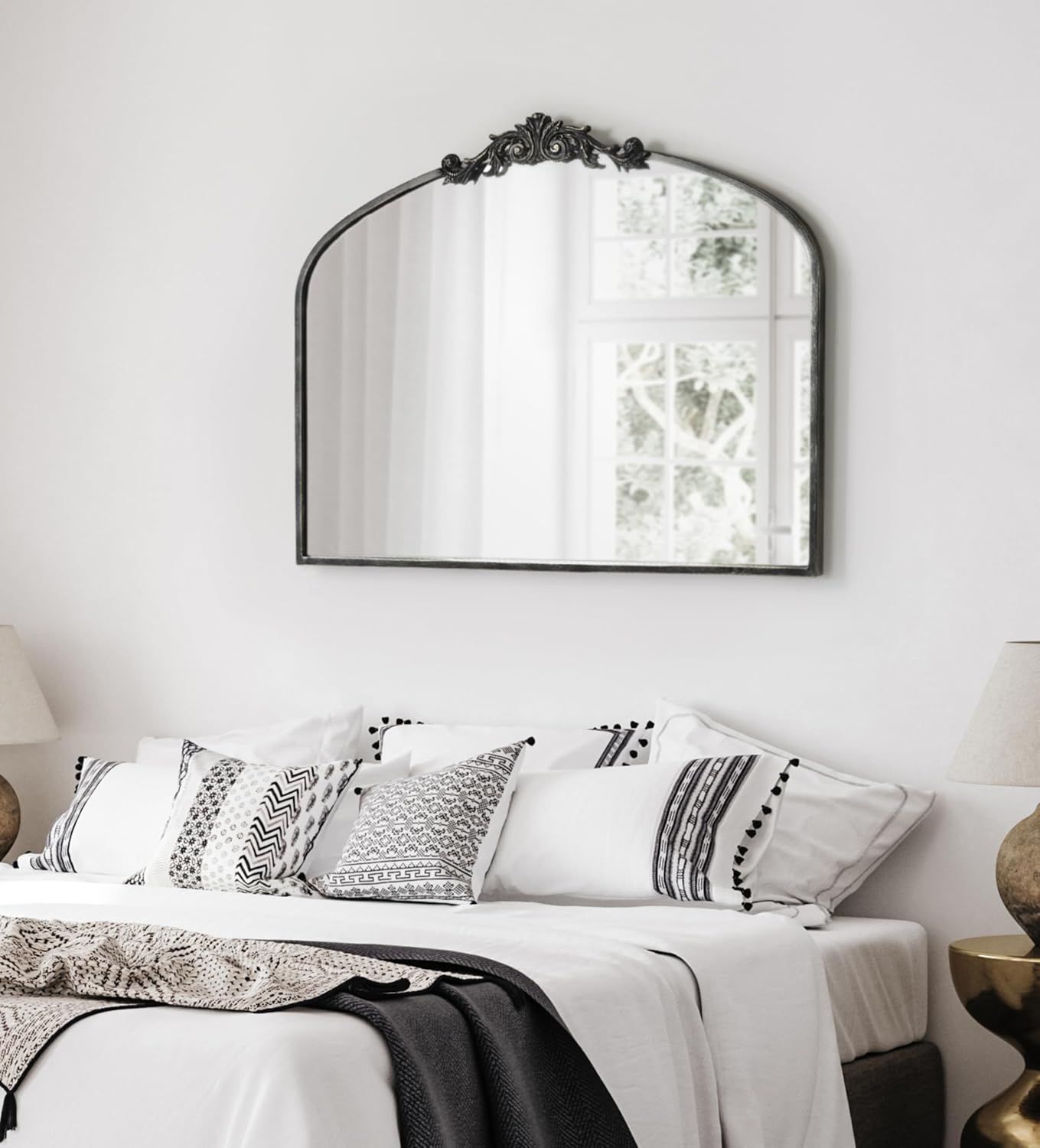 Kate and Laurel Arendahl Ornate Traditional Arched Mirror; 36 x 29; Black; Decorative Baroque Style Arched Wall Mirror with Wide Frame and Ornamental Crown
