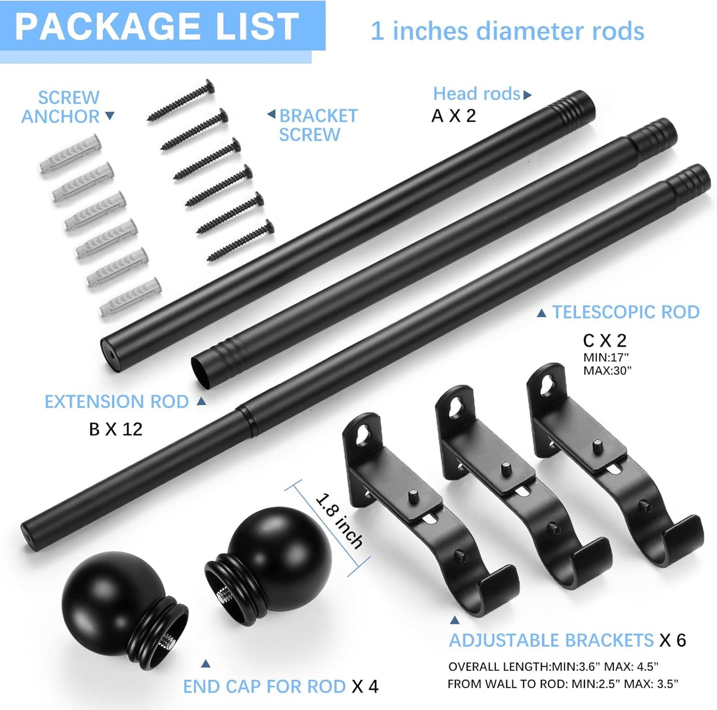 Curtain Rods for Windows 16 to 120 Inches, Curtain Rod Max Adjustable Length of 132 IN, 1" Diameter Drapery Rods Round Finials, Black, Pack of 2