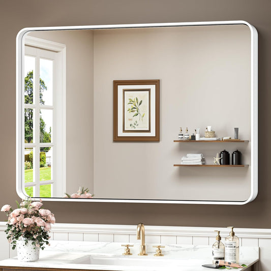 TokeShimi 40 x 30 Inch Wall Mirror for Bathroom White Metal Frame Decorative Rectangular Wall Mounted Home Decor Corner Hangs Farmhouse Mirror (Horizontal/Vertical)