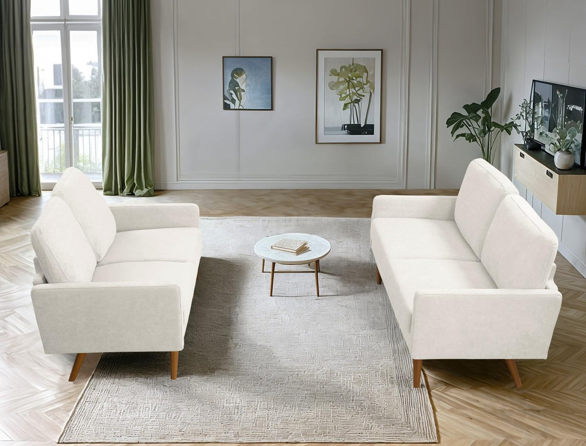 Kent 2 Piece Velvet Sofa and Loveseat Set, European Style with Modern & Vintage Flair, Upholstered 5 Seater Couch, Chic Living Room Furniture Seating for Home, Apartment or Office, Ivory