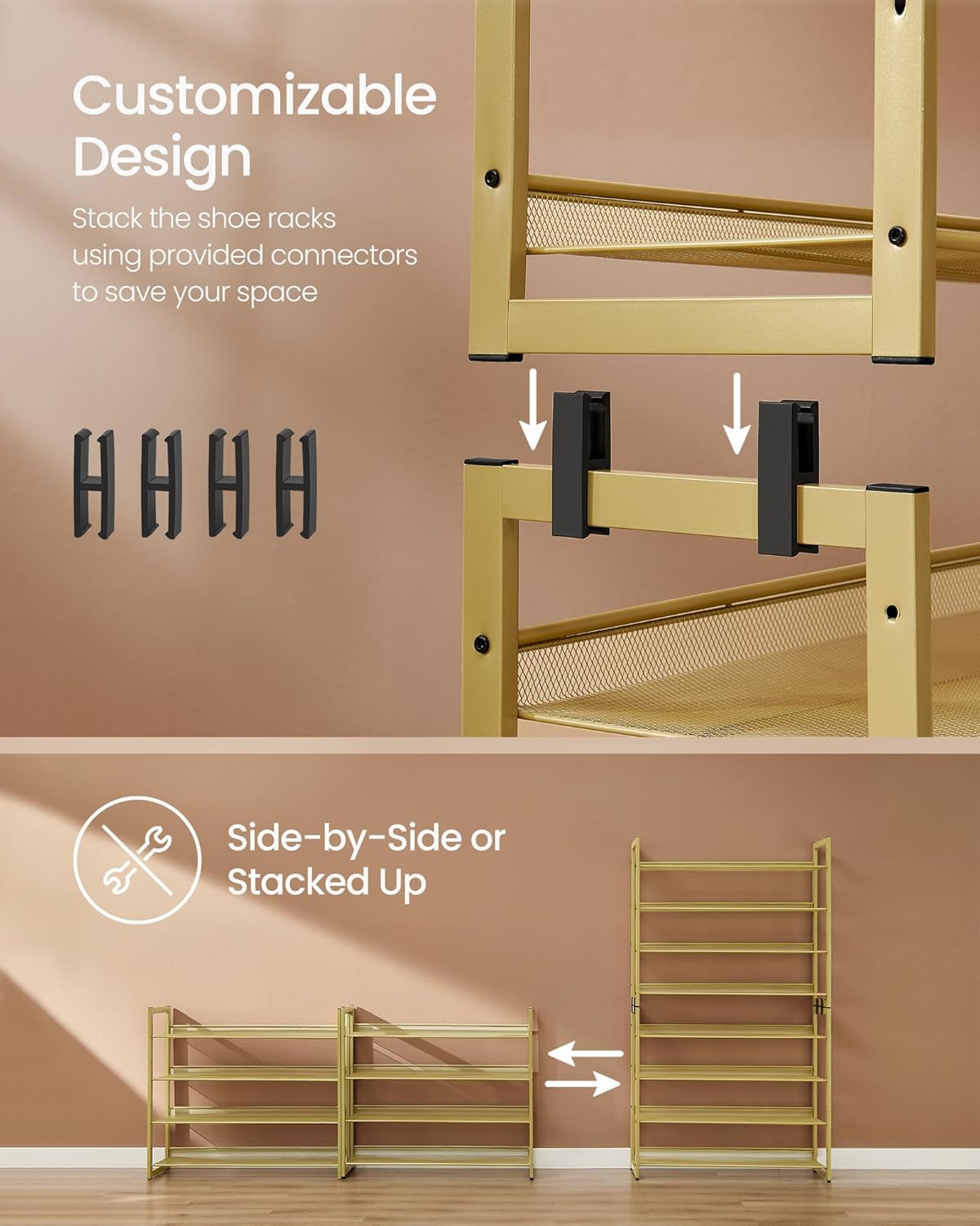 SONGMICS Shoe Rack, 8-Tier Shoe Organizer, Metal Rack for Garage, Set of 2, 4-Tier Stackable Shelf, with Adjustable Flat or Angled Shelves, 32-40 Pairs, Pale Gold ULMR08A02