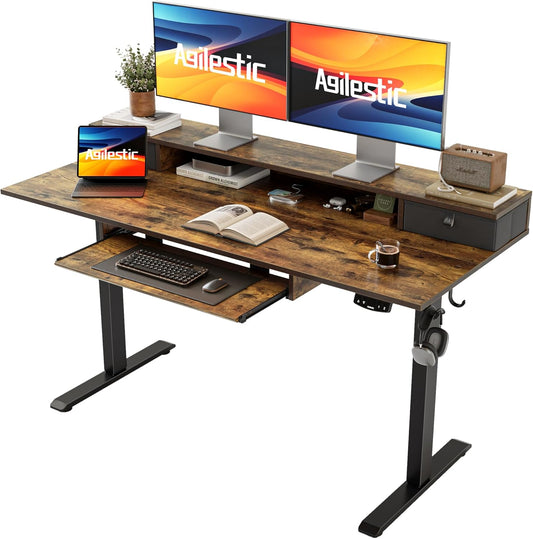 Agilestic Electric Standing Desk with 2 Drawers and Keyboard Tray, 55 x 24 Inches Ergonomic Adjustable Height Desk with Storage, Sit Stand up Computer Workstation, Rustic Brown
