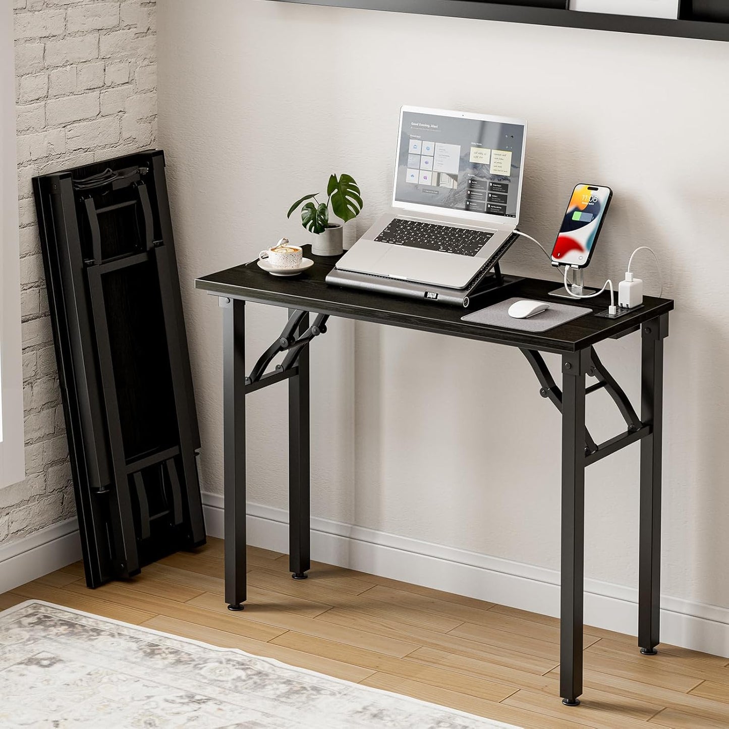 Frylr Small Folding Computer Desk – 35.8 Inch Portable Table for Craft and Study, Lightweight Desk for Small Spaces, Foldable Laptop Table Built-in AC/USB Outlets for Convenience, Dark Oak